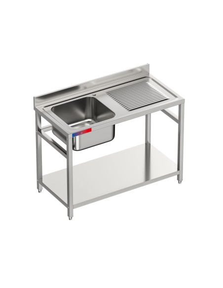 Fregadero bajo barra 1 seno y 1 escurridor industrial acero inoxidable balda y grifo incluido1200 x 600 x 850 mm