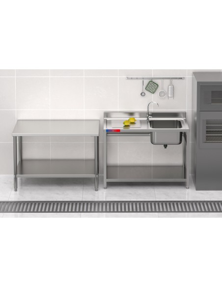 Fregadero bajo barra 1 seno y 1 escurridor industrial acero inoxidable balda y grifo incluido 1200 x 600 x 850 mm