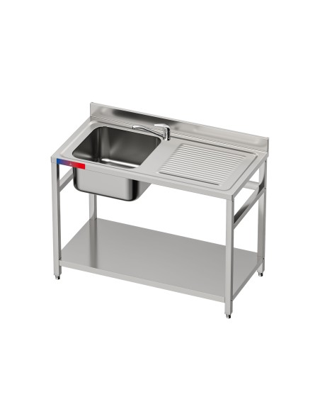 Fregadero bajo barra 1 seno y 1 escurridor industrial acero inoxidable balda y grifo incluido 1200 x 600 x 850 mm