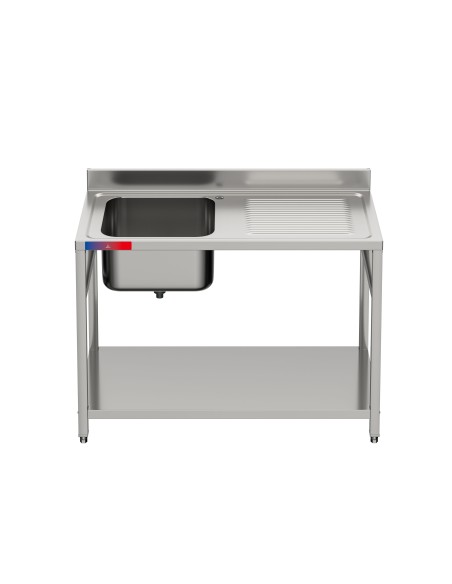 Fregadero bajo barra 1 seno y 1 escurridor industrial acero inoxidable con balda 1200 x 600 x 850 mm