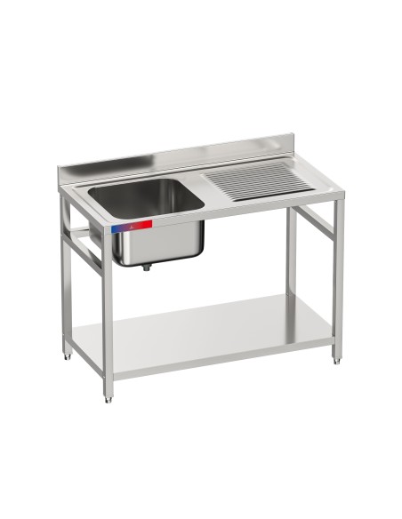 Fregadero bajo barra 1 seno y 1 escurridor industrial acero inoxidable con balda 1200 x 600 x 850 mm