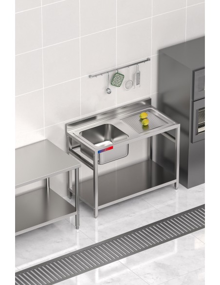 Fregadero bajo barra 1 seno y 1 escurridor industrial acero inoxidable con balda 1200 x 600 x 850 mm