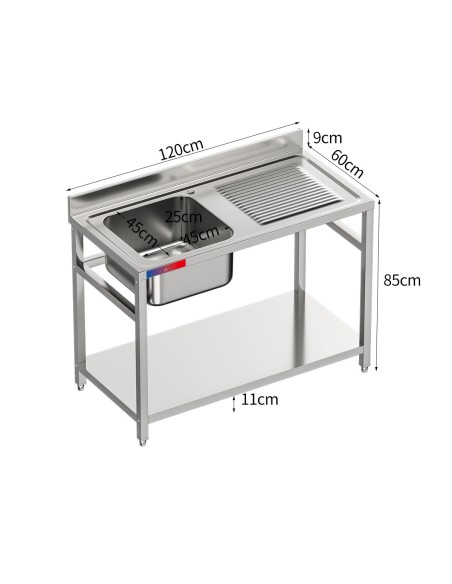 Fregadero bajo barra 1 seno y 1 escurridor industrial acero inoxidable con balda 1200 x 600 x 850 mm