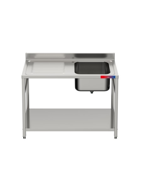 Fregadero bajo barra 1 seno y 1 escurridor industrial acero inoxidable con balda 1200 x 600 x 850 mm