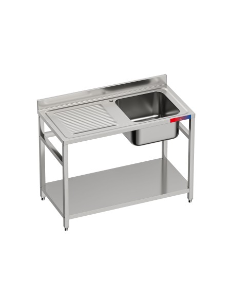 Fregadero bajo barra 1 seno y 1 escurridor industrial acero inoxidable con balda 1200 x 600 x 850 mm