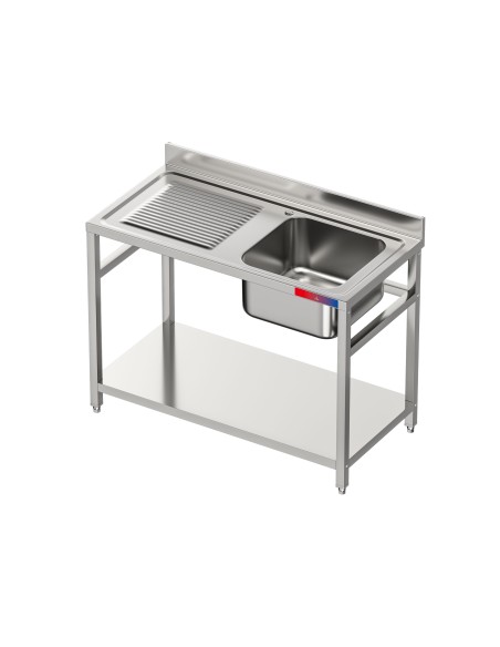 Fregadero bajo barra 1 seno y 1 escurridor industrial acero inoxidable con balda 1200 x 600 x 850 mm