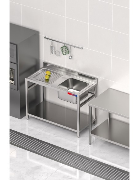 Fregadero bajo barra 1 seno y 1 escurridor industrial acero inoxidable con balda 1200 x 600 x 850 mm