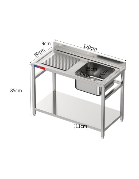 Fregadero bajo barra 1 seno y 1 escurridor industrial acero inoxidable con balda 1200 x 600 x 850 mm