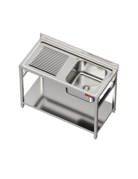 Fregadero bajo barra 1 seno y 1 escurridor industrial acero inoxidable con balda 1200 x 600 x 850 mm