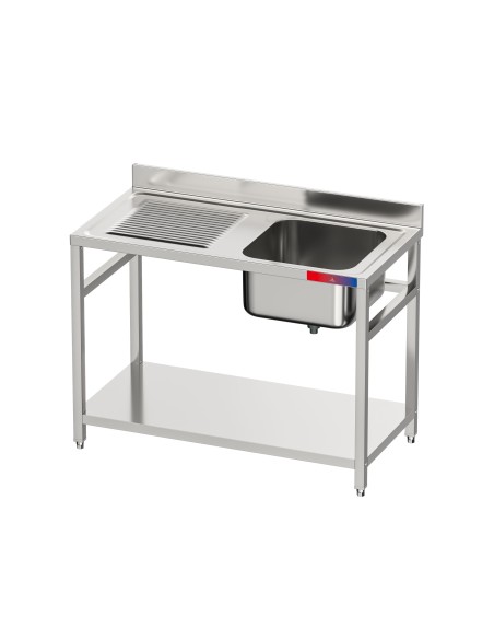 Fregadero bajo barra 1 seno y 1 escurridor industrial acero inoxidable con balda 1200 x 600 x 850 mm