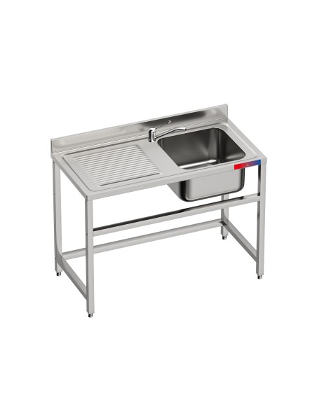 Fregadero bajo barra 1 seno y 1 escurridor, incluye grifo dos aguas industrial acero inoxidable 1200 x 600 x 850 mm