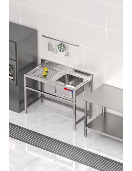 Fregadero 1 seno y 1 escurridor, industrial acero inoxidable 1200 x 600 x 850 mm