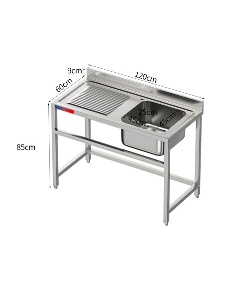 Fregadero 1 seno y 1 escurridor, industrial acero inoxidable 1200 x 600 x 850 mm