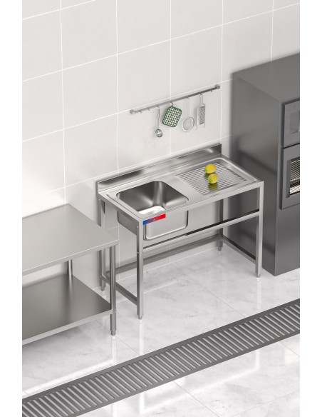 Fregadero 1 seno y 1 escurridor, industrial acero inoxidable 1200 x 600 x 850 mm