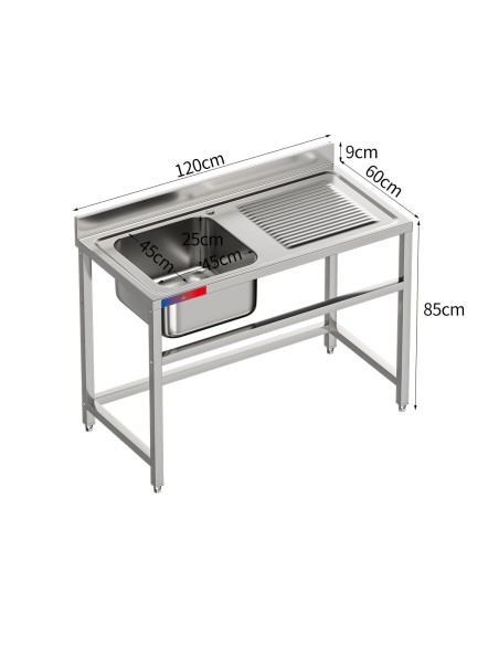 Fregadero 1 seno y 1 escurridor, industrial acero inoxidable 1200 x 600 x 850 mm