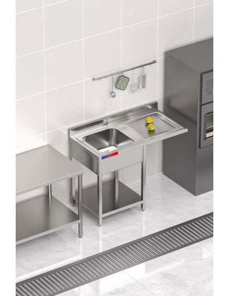 Fregadero bajo barra 1 seno y 1 escurridor, incluye grifo dos aguas industrial acero inoxidable 1200 x 600 x 850 mm