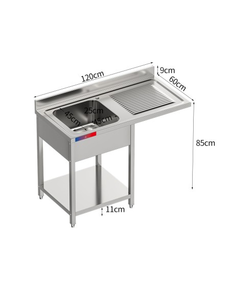 Fregadero bajo barra 1 seno y 1 escurridor, incluye grifo dos aguas industrial acero inoxidable 1200 x 600 x 850 mm