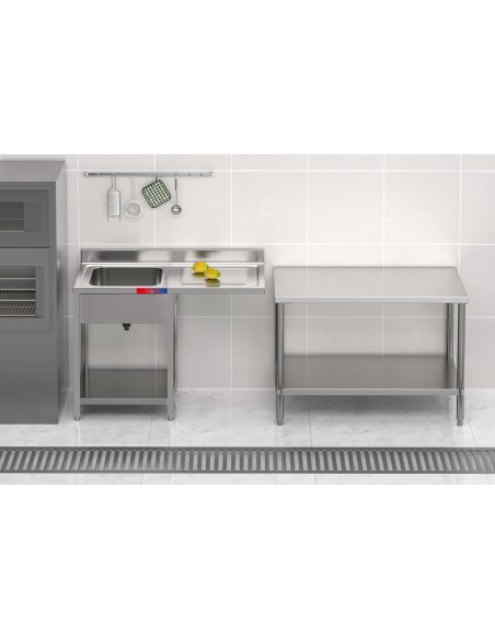 Fregadero bajo barra 1 seno y 1 escurridor, incluye grifo dos aguas industrial acero inoxidable 1200 x 600 x 850 mm