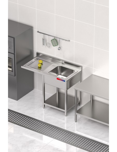 Fregadero bajo barra 1 seno y 1 escurridor industrial acero inoxidable hueco lavavasos 1200 x 600 x 850 mm