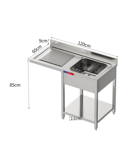 Fregadero bajo barra 1 seno y 1 escurridor industrial acero inoxidable hueco lavavasos 1200 x 600 x 850 mm