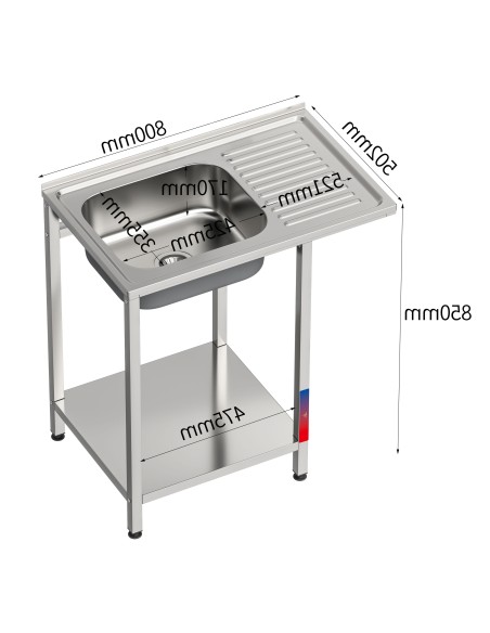Fregadero bajo barra 1 seno y 1 escurridor industrial acero inoxidable hueco lavavasos 800 x 500 x 850 mm