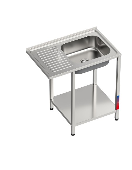 Fregadero bajo barra 1 seno y 1 escurridor industrial acero inoxidable hueco lavavasos 800 x 500 x 850 mm