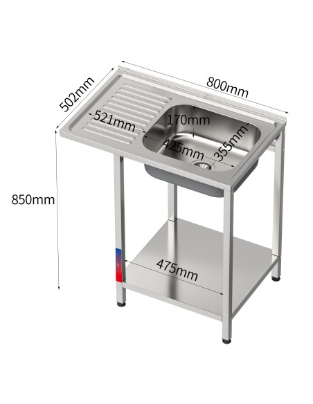 Fregadero bajo barra 1 seno y 1 escurridor industrial acero inoxidable hueco lavavasos 800 x 500 x 850 mm