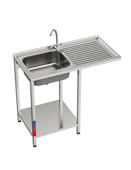 Fregadero bajo barra 1 seno y 1 escurridor industrial acero inoxidable hueco lavavasos 1000 x 500 x 850 mm