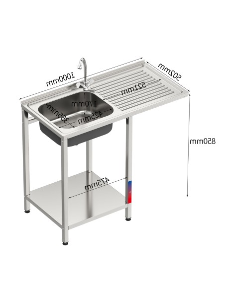 Fregadero bajo barra 1 seno y 1 escurridor industrial acero inoxidable hueco lavavasos 1000 x 500 x 850 mm