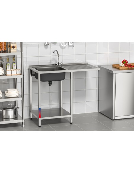 Fregadero bajo barra 1 seno y 1 escurridor industrial acero inoxidable hueco lavavasos 1000 x 500 x 850 mm