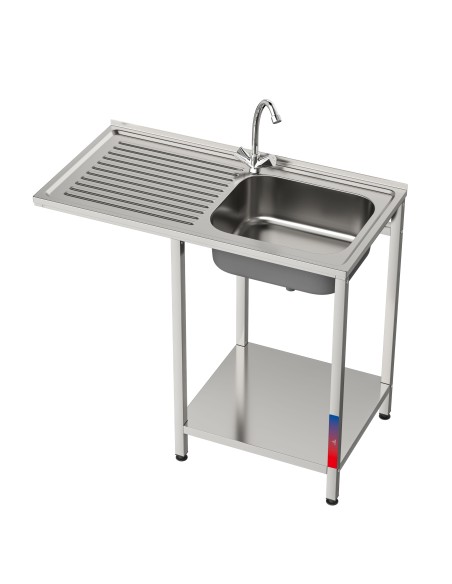 Fregadero bajo barra 1 seno y 1 escurridor industrial acero inoxidable hueco lavavasos 1000 x 500 x 850 mm