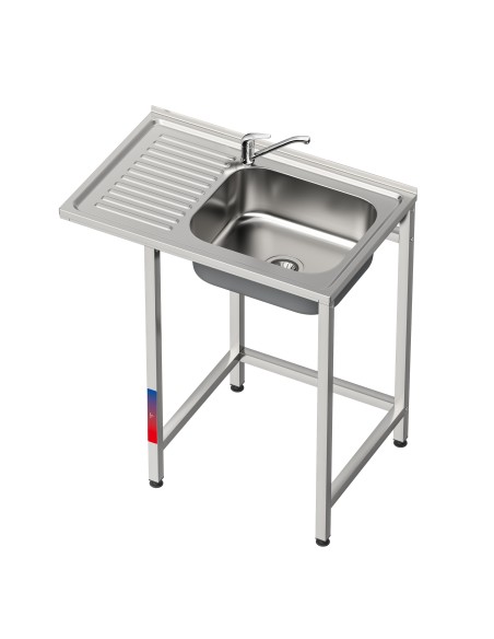 Fregadero bajo barra 1 seno y 1 escurridor , grifo codo industrial acero inoxidable hueco lavavasos 800 x 500 x 850 mm