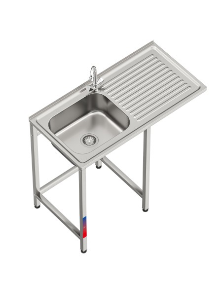 Fregadero bajo barra 1 seno y 1 escurridor y grifo dos aguas industrial acero inoxidable y hueco lavavasos 1000 x 500 x 850 mm