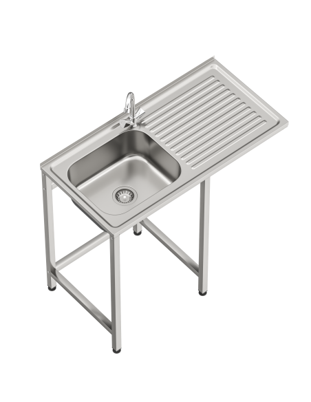 Fregadero bajo barra 1 seno y 1 escurridor y grifo dos aguas industrial acero inoxidable y hueco lavavasos 1000 x 500 x 850 mm