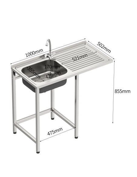 Fregadero bajo barra 1 seno y 1 escurridor y grifo dos aguas industrial acero inoxidable y hueco lavavasos 1000 x 500 x 850 mm