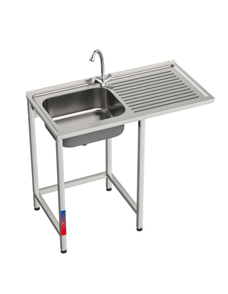 Fregadero bajo barra 1 seno y 1 escurridor y grifo dos aguas industrial acero inoxidable y hueco lavavasos 1000 x 500 x 850 mm