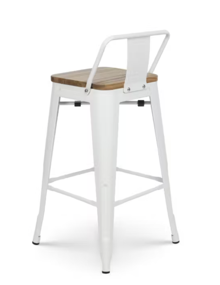 taburete de bar de metal blanco mate con asiento de madera y respaldo. 400 x 400 x 930 mm pack 2 unidades