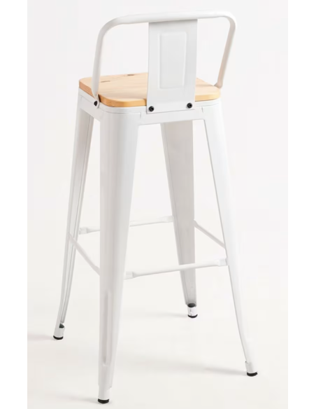 taburete de bar de metal blanco mate con asiento de madera y respaldo. 400 x 400 x 930 mm pack 2 unidades