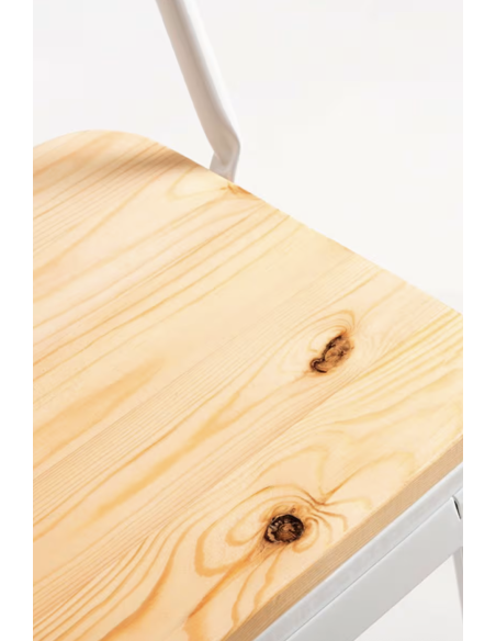 taburete de bar de metal blanco mate con asiento de madera y respaldo. 400 x 400 x 930 mm pack 2 unidades