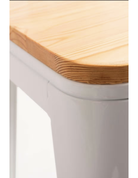taburete de bar de metal blanco mate con asiento de madera y respaldo. 400 x 400 x 930 mm pack 2 unidades
