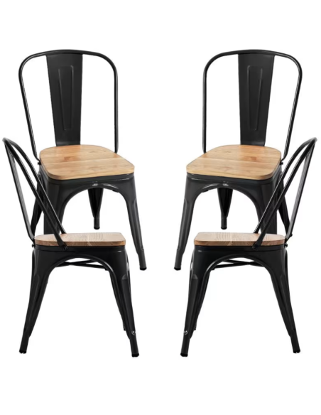 Sillas Industrial tolix Negro con Asiento de Madera 44x43x84cm pack 4 sillas