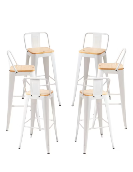 taburete de bar de metal blanco mate con asiento de madera y respaldo. 400 x 400 x 930 mm pack 6 unidades