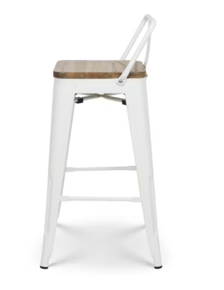 taburete de bar de metal blanco mate con asiento de madera y respaldo. 400 x 400 x 930 mm pack 6 unidades