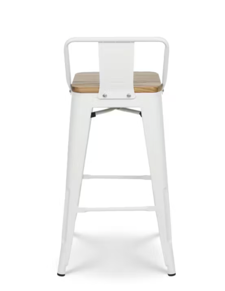 taburete de bar de metal blanco mate con asiento de madera y respaldo. 400 x 400 x 930 mm pack 6 unidades