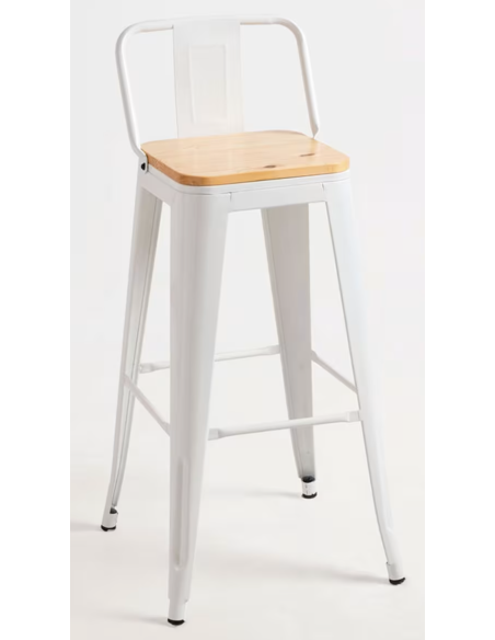 taburete de bar de metal blanco mate con asiento de madera y respaldo. 400 x 400 x 930 mm pack 6 unidades