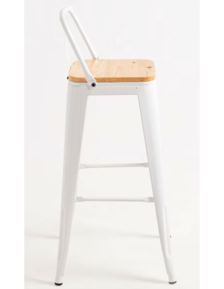 taburete de bar de metal blanco mate con asiento de madera y respaldo. 400 x 400 x 930 mm pack 6 unidades