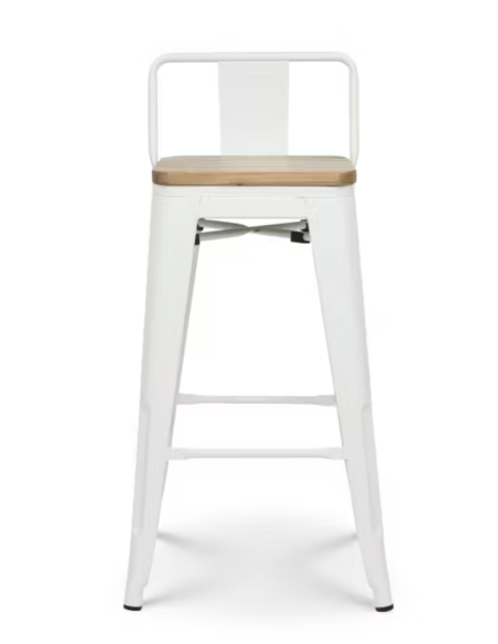 taburete de bar de metal blanco mate con asiento de madera y respaldo. 400 x 400 x 930 mm pack 4 unidades