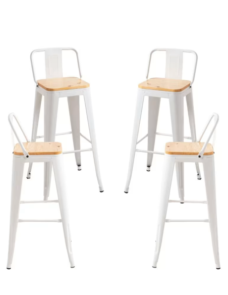 taburete de bar de metal blanco mate con asiento de madera y respaldo. 400 x 400 x 930 mm pack 4 unidades