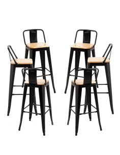 taburete de bar de metal negro mate con asiento de madera...