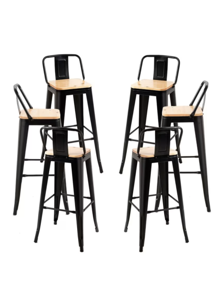 taburete de bar de metal negro mate con asiento de madera y respaldo 400 x 400 x 930 mm pack 6 unidades